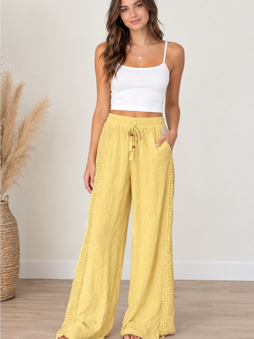 Rewash Yellow Wide-Leg Crochet-Trim Drawstring Pants